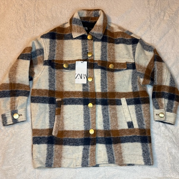 NWT Zara Oversized Wool Blend Plaid Shirt Jacket Shacket Cream Brown XS - Picture 2 of 7